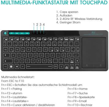 Wireless keyboard with touchpad, backlit